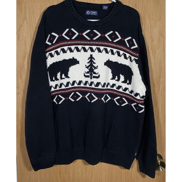 Chaps Fair Isle Holiday Sweater Crew Neck Bears Christmas Tree Cotton Men's XL - Picture 1 of 7